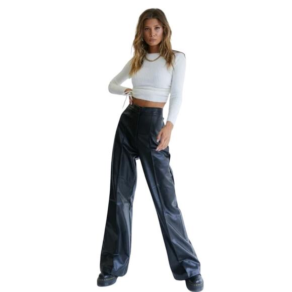LIONESS Maple Street Pant in Black Faux Leather Wide Leg High Waist, 28 (S) - Picture 1 of 10